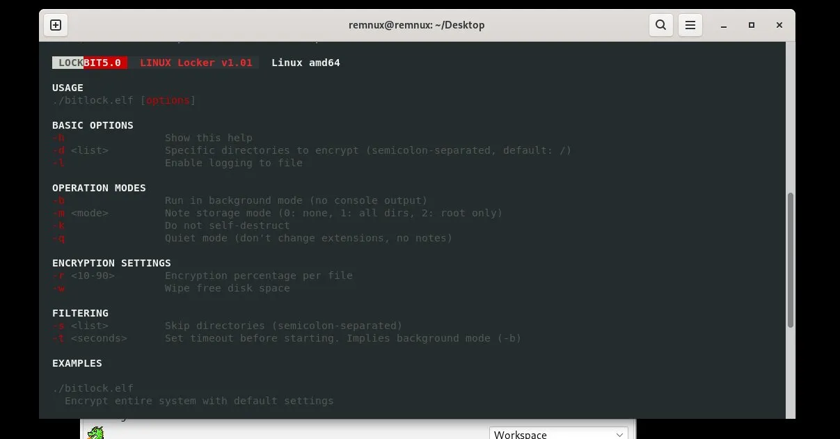 LockBit 5.0 help menu showing full CLI options