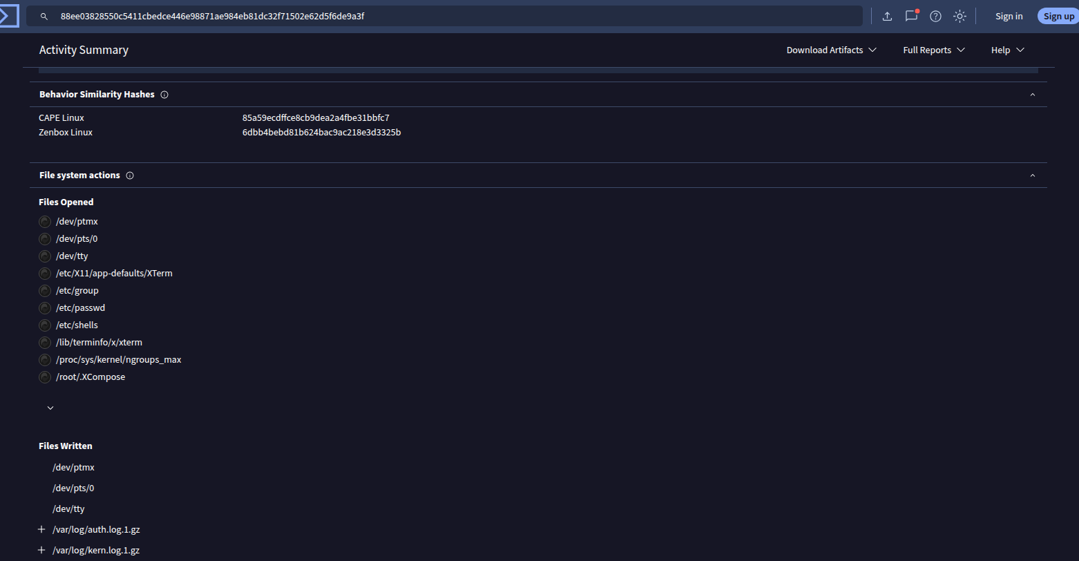 File system actions recorded by Zenbox — standard /dev and /etc reads, log rotation artifacts from the sandbox environment itself.